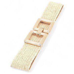 BNWT Faux Straw Square Buckle Elastic Belt Stretch Summer Belt - Ivory